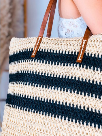 Dámska pruhovaná slamená kabelka - béžová