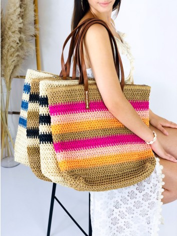 Dámska pruhovaná slamená kabelka - béžová