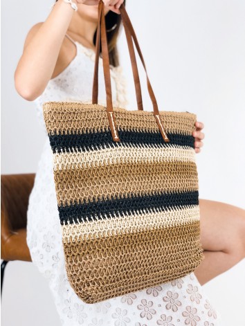 Dámska pruhovaná slamená kabelka - hnedá
