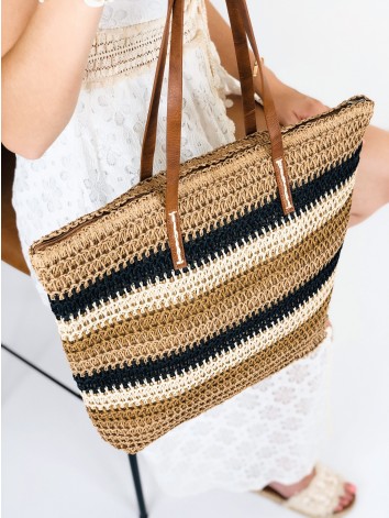 Dámska pruhovaná slamená kabelka - hnedá