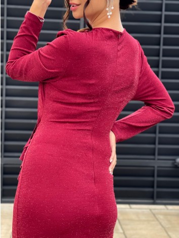 Dámske dlhé spoločenské šaty s riasením a razporkom pre moletky - bordové