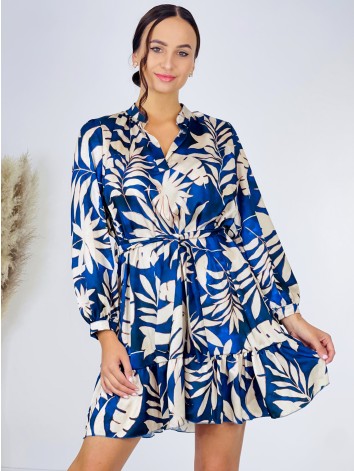 Dámske ležérne šaty s opaskom a potlačou - modré