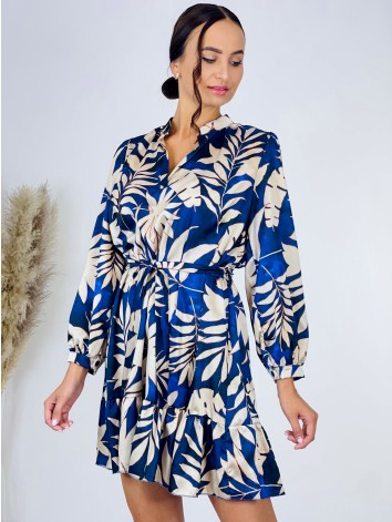 Dámske ležérne šaty s opaskom a potlačou - modré