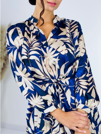 Dámske ležérne šaty s opaskom a potlačou - modré