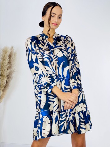 Dámske ležérne šaty s opaskom a potlačou - modré