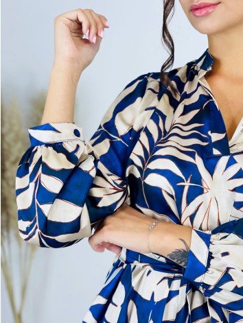 Dámske ležérne šaty s opaskom a potlačou - modré