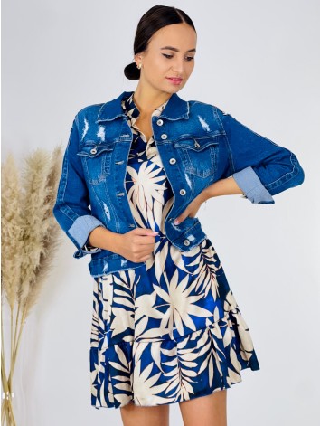 Dámske ležérne šaty s opaskom a potlačou - modré