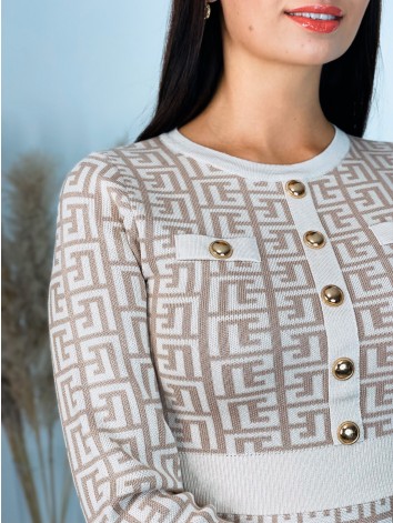 Dámske áčkové svetrové šaty s gombíkmi - béžové