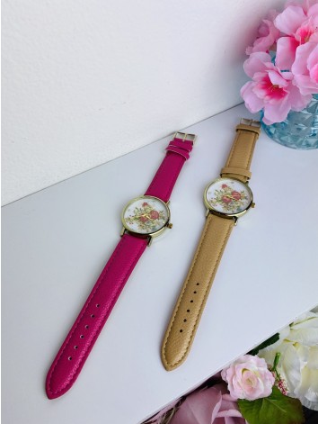 Dámske béžové kvetované hodinky