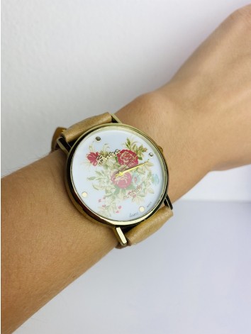 Dámske béžové kvetované hodinky