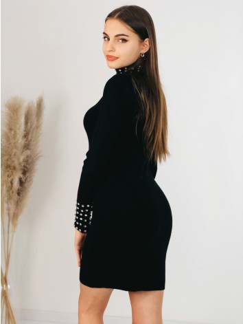 Dámske čierne úpletové šaty s rolákom a kamienkami Olivia