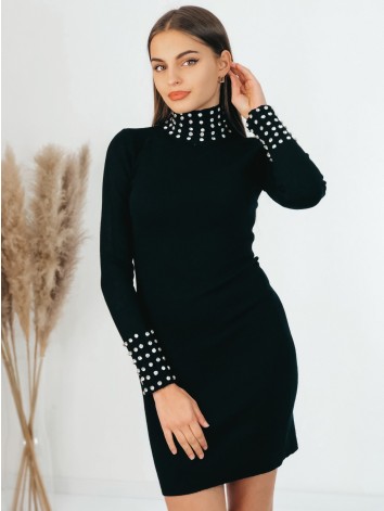 Dámske čierne úpletové šaty s rolákom a kamienkami Olivia