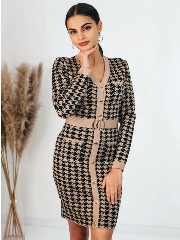 Svetrové dámske šaty so vzorom a gombíkmi - béžové