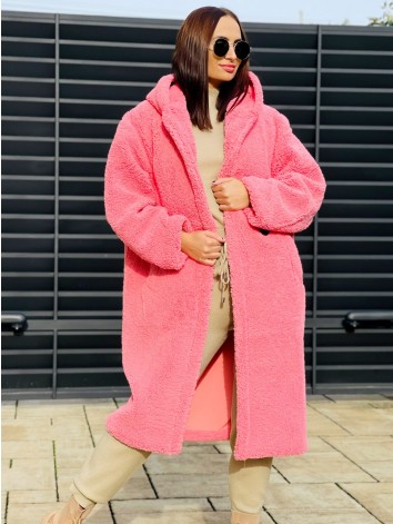 Ružový dlhý Teddy kabát s kapucňou
