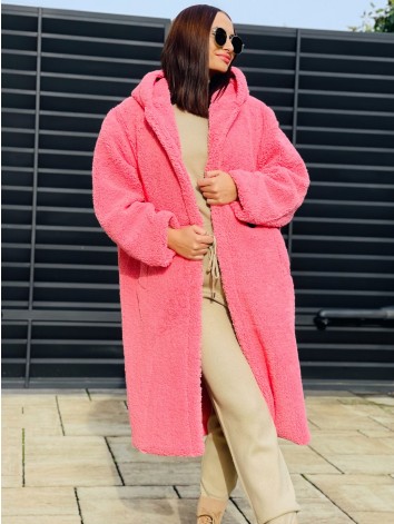 Ružový dlhý Teddy kabát s kapucňou
