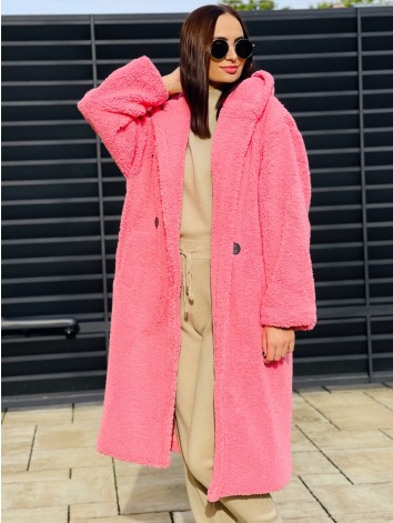 Ružový dlhý Teddy kabát s kapucňou