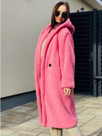 Ružový dlhý Teddy kabát s kapucňou