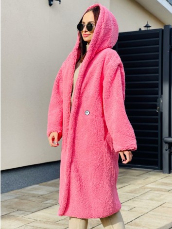 Ružový dlhý Teddy kabát s kapucňou