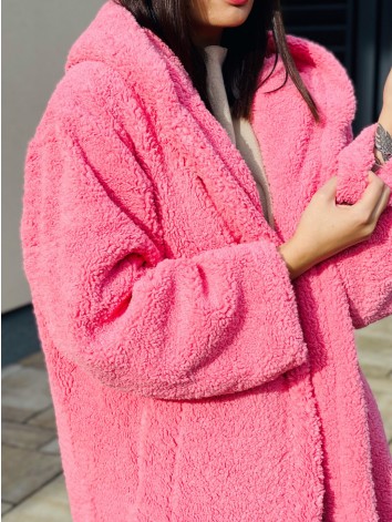 Ružový dlhý Teddy kabát s kapucňou