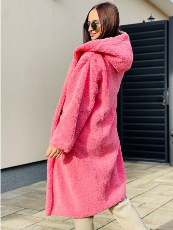 Ružový dlhý Teddy kabát s kapucňou