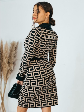 Dámske pletené šaty s koženkou a opaskom -hnedé