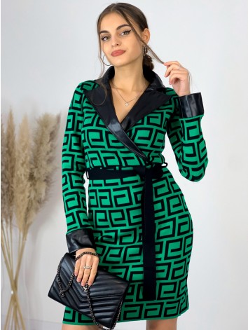 Dámske pletené šaty s koženkou a opaskom -zelené