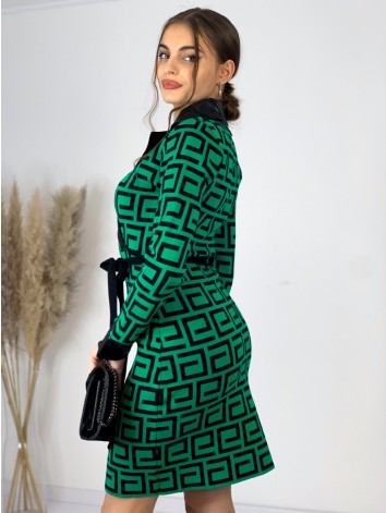 Dámske pletené šaty s koženkou a opaskom -zelené