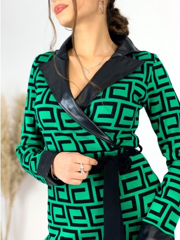 Dámske pletené šaty s koženkou a opaskom -zelené