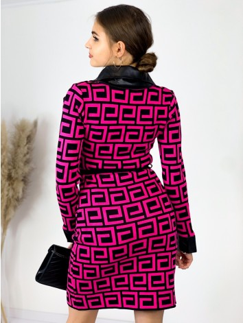 Dámske pletené šaty s koženkou a opaskom - cyklamenové