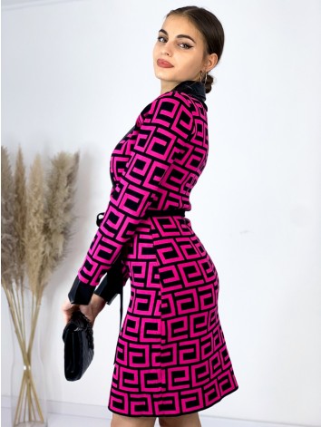 Dámske pletené šaty s koženkou a opaskom - cyklamenové