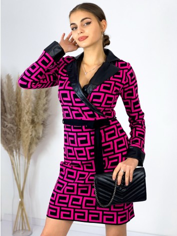 Dámske pletené šaty s koženkou a opaskom - cyklamenové