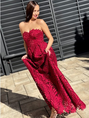 Dámske bordové exkluzívne spoločenské šaty s čipkou