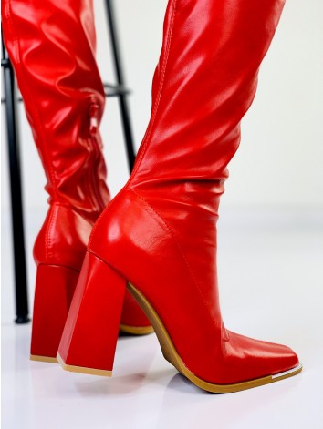 Dámske červené kožené čižmy pod kolená