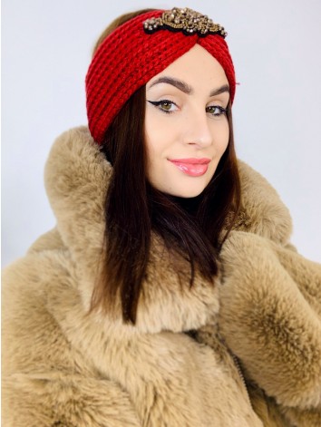 Dámska bordová pletená čelenka s brošňou