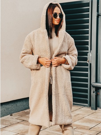 Hnedý dlhý Teddy kabát s kapucňou
