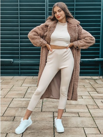 Huňatý hnedý dlhý Teddy kabát s gombíkmi