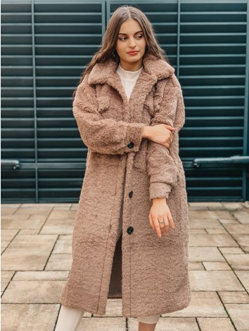 Huňatý hnedý dlhý Teddy kabát s gombíkmi