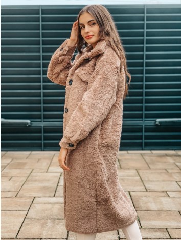 Huňatý hnedý dlhý Teddy kabát s gombíkmi