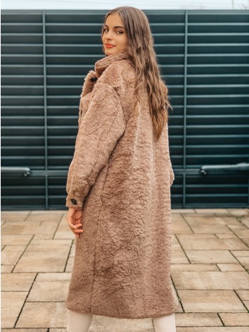 Huňatý hnedý dlhý Teddy kabát s gombíkmi