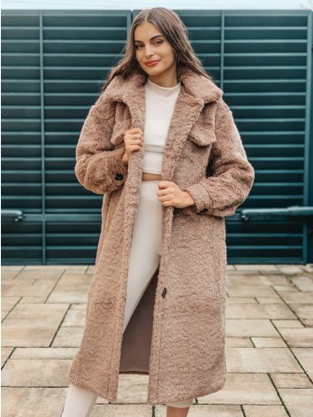 Huňatý hnedý dlhý Teddy kabát s gombíkmi