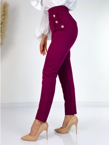 Dámske elegantné nohavice s vysokým pásom a gombíkmi - fialové