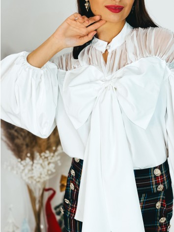 Biela exkluzívna nariasená blúzka s mašľou