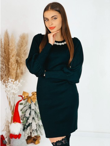 Dámske svetrové šaty s perlami a balónovými rukávmi - čierne