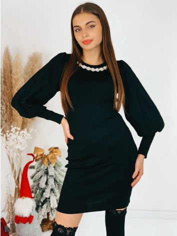 Dámske svetrové šaty s perlami a balónovými rukávmi - čierne