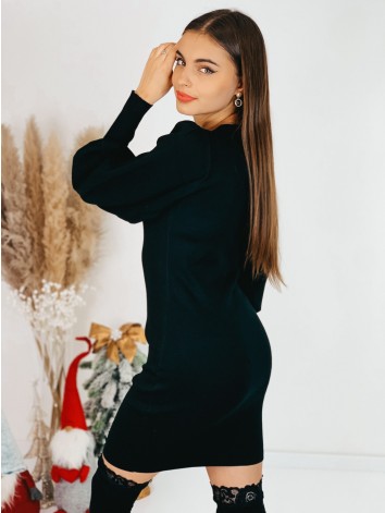 Dámske svetrové šaty s perlami a balónovými rukávmi - čierne