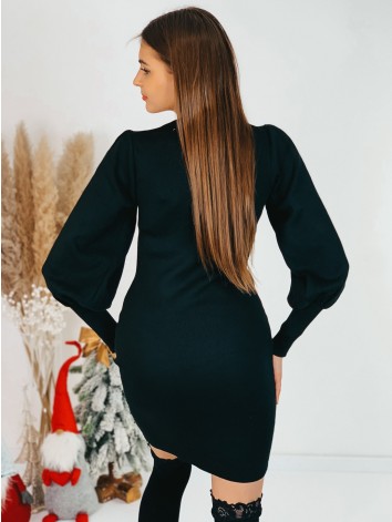 Dámske svetrové šaty s perlami a balónovými rukávmi - čierne