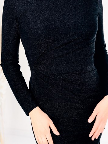 Dámske midi čierne trblietavé rolákové šaty s razporkom