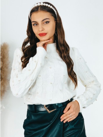 Dámsky pletený biely rolákový sveter s ozdobnými perlami