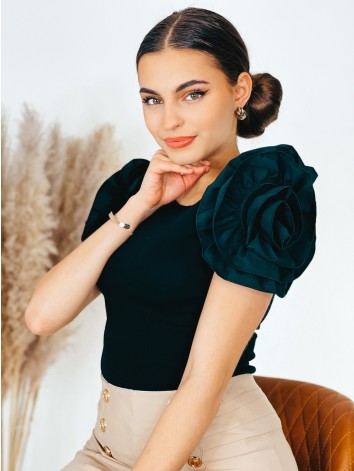Dámsky čierny elegantný top s ozdobnými rukávmi ELLI