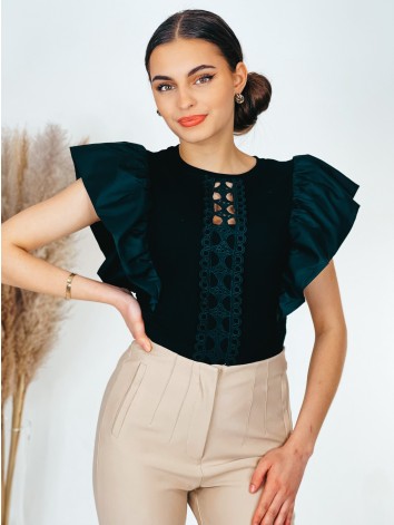 Dámske čierne elegantné body s nariaseným krátkym rukávom SIMIE